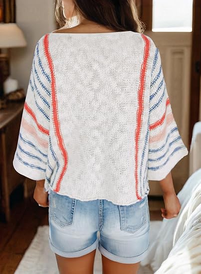 Womens 2025 Summer Tops Casual Color Block Striped Lightweight Knit Trendy Boho Clothes Pullover Sweaters