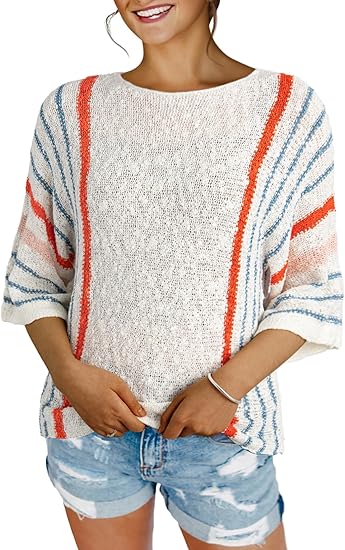 Womens 2025 Summer Tops Casual Color Block Striped Lightweight Knit Trendy Boho Clothes Pullover Sweaters